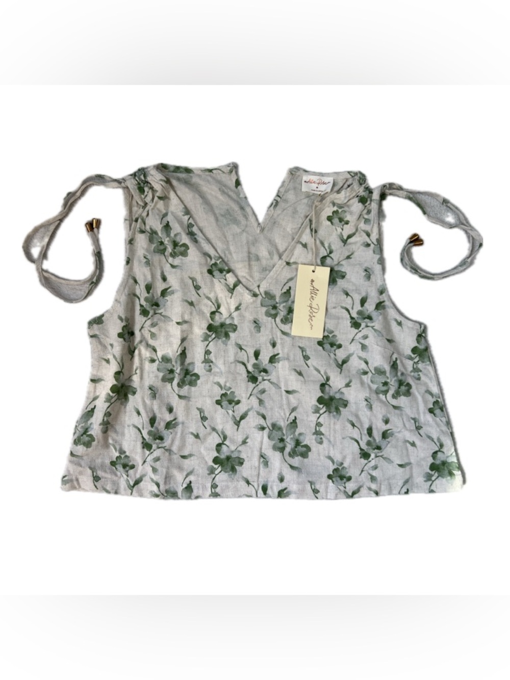 Linen Floral Tie-Shoulder Camisole in White & Green